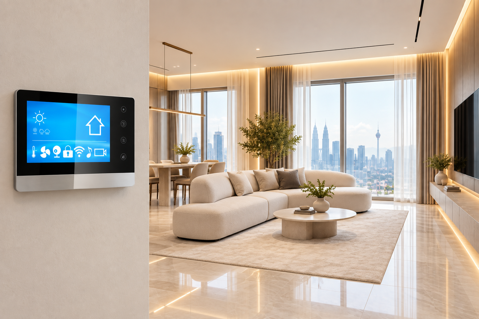 Modern Malaysian living room with a wall-mounted smart home panel