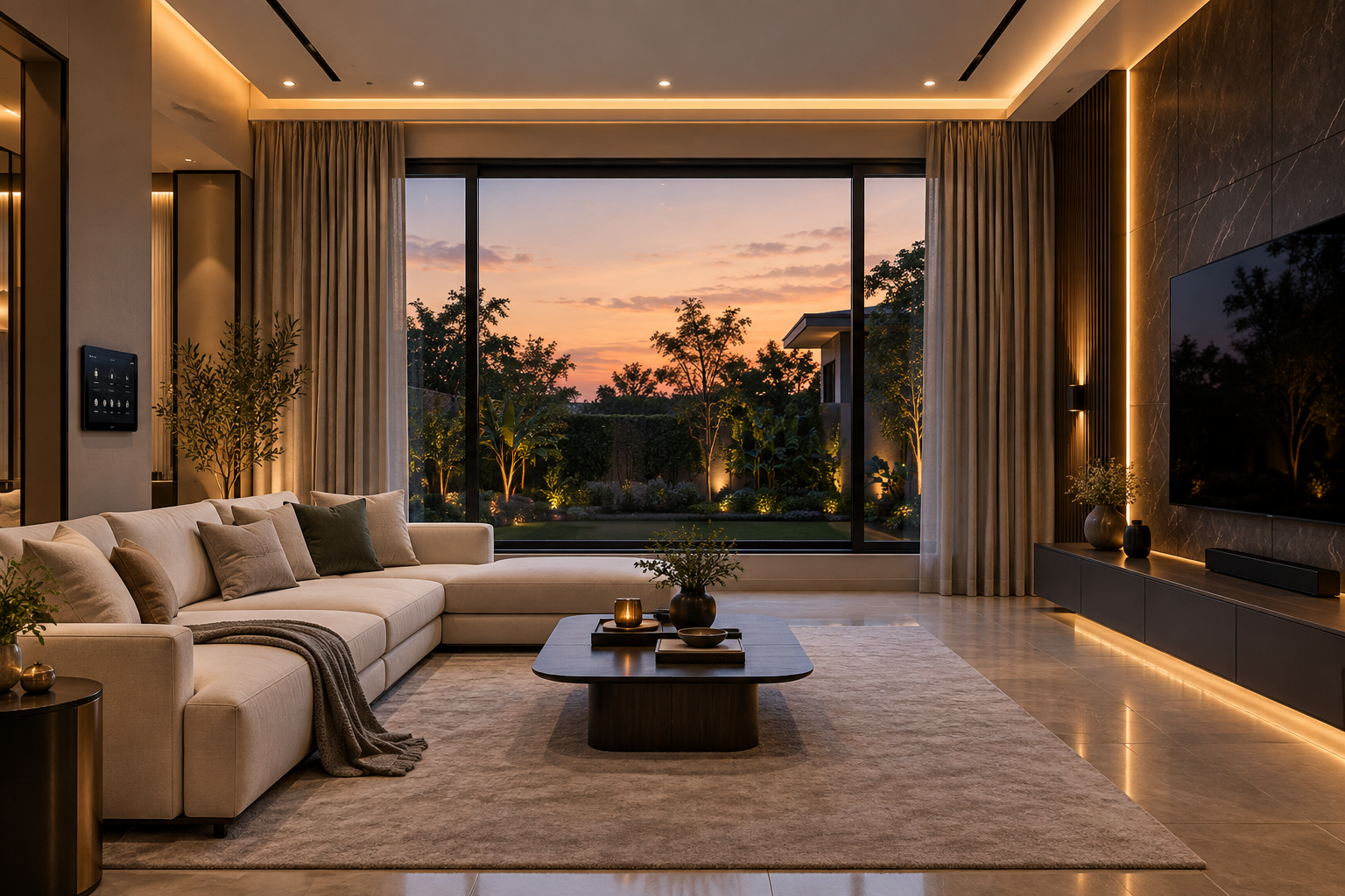 Warm, modern living room with smart lighting, curtains and a touch panel