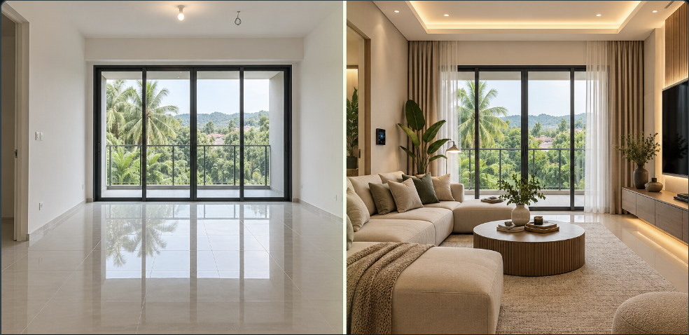 Before and after comparison: an empty new home planned as a connected living space