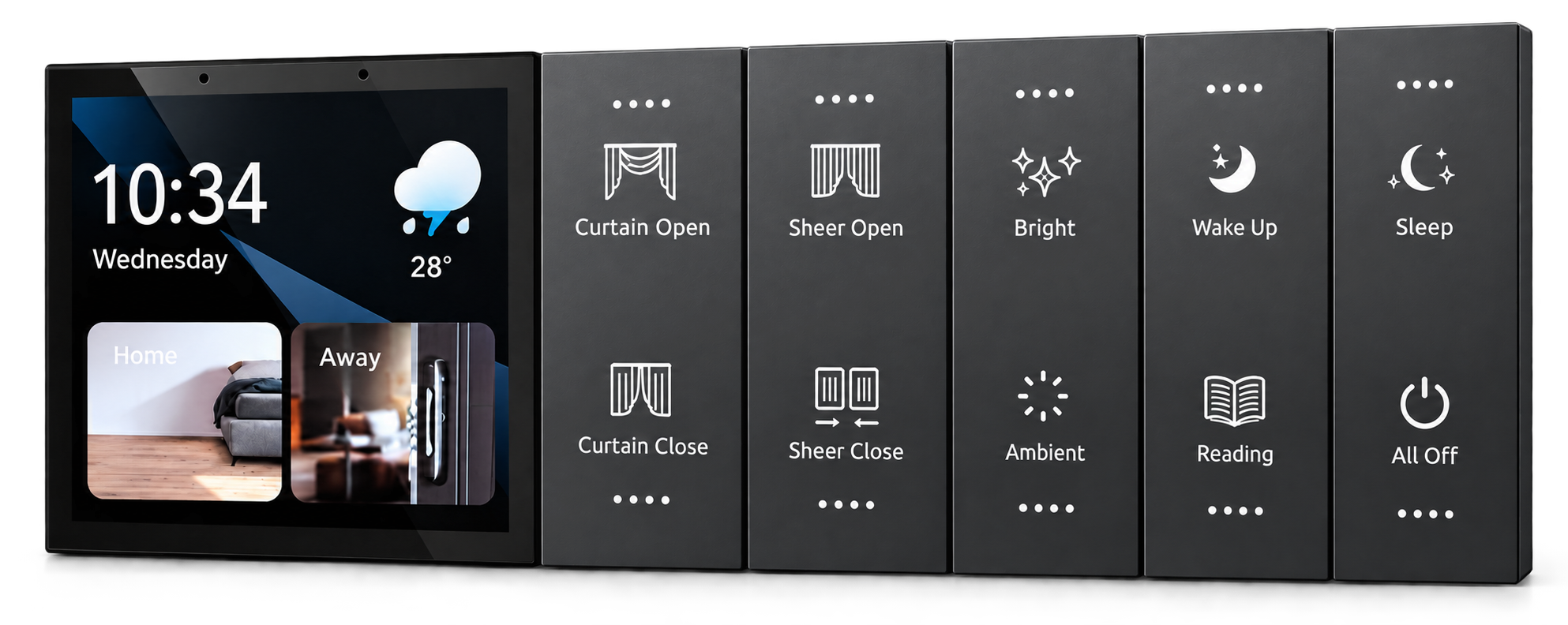 Smart home touchscreen and control panels for lighting, curtains and scenes