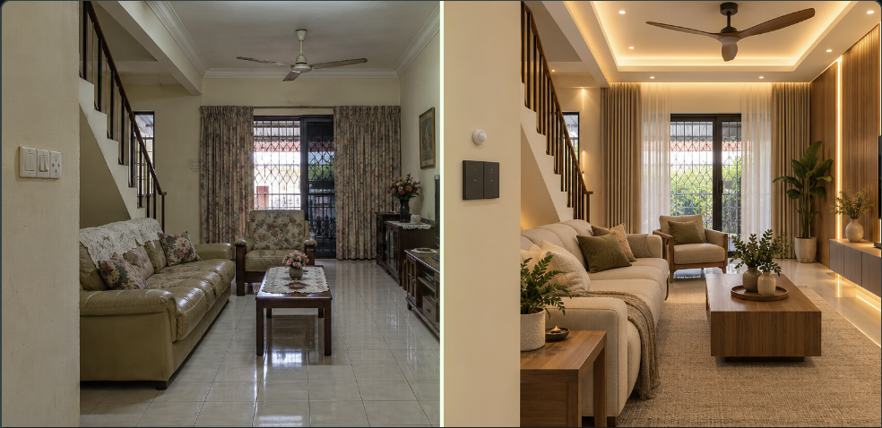 Before and after comparison: a traditional living room refreshed with modern lighting and a smart home control panel